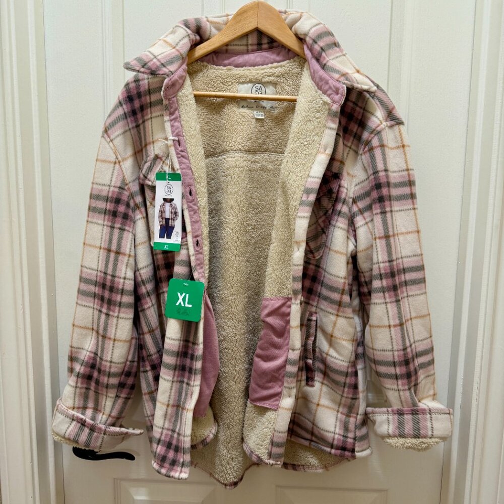 Sage Women's Sherpa Lined Fleece Jacket Size M Green Plaid Lightweight Plush NEW